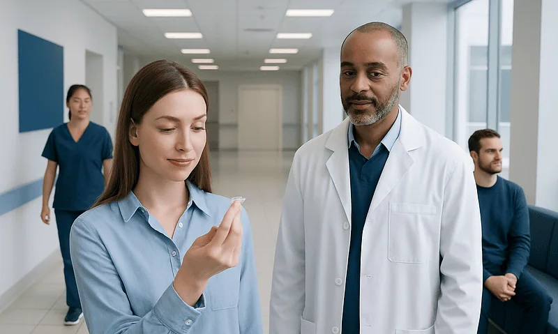 Patient examining contact lens with doctor in hospital corridor.