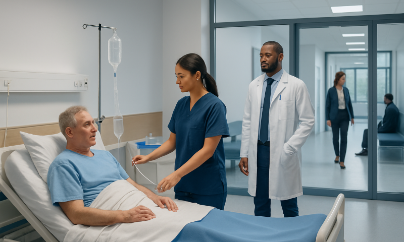 Hospital nurse checks patient in a modern medical ward.