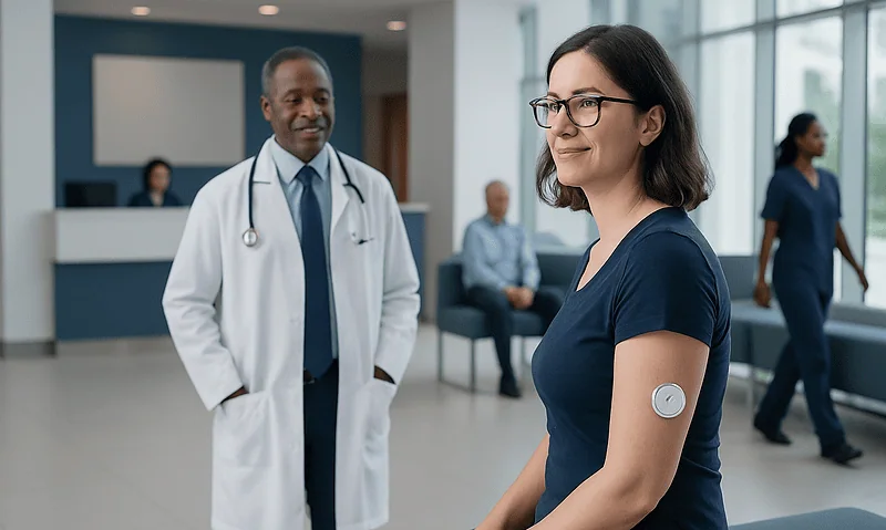 Patient with continuous glucose monitor in hospital lobby.