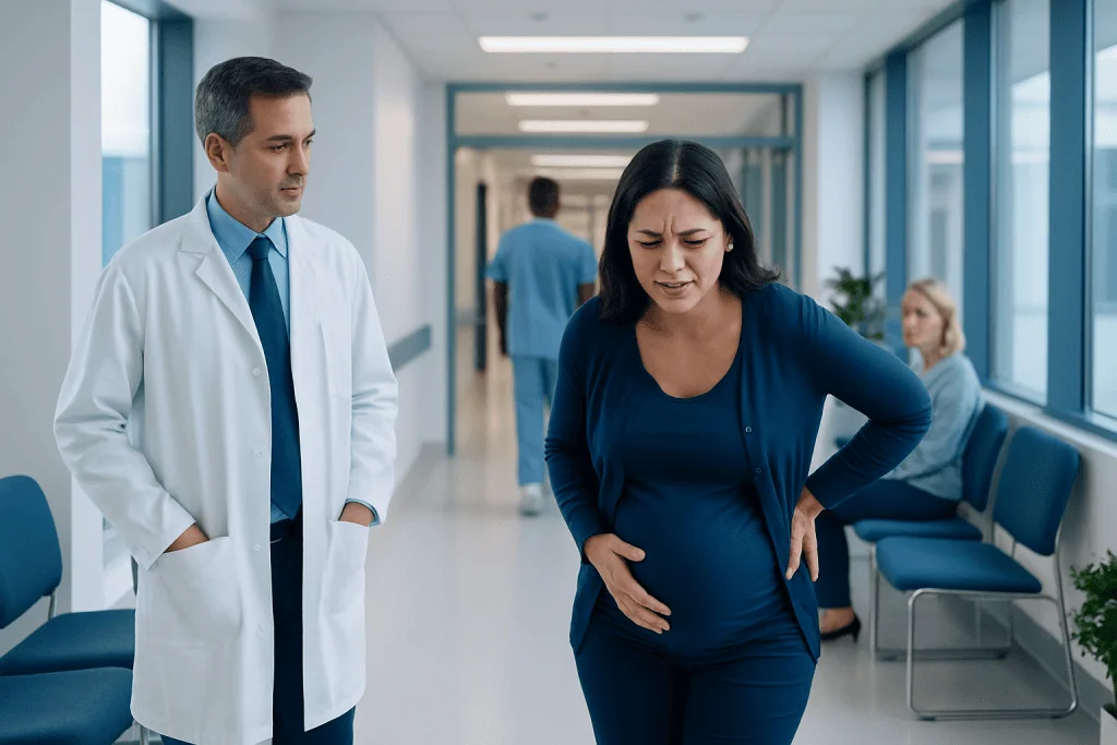 What Do Contractions Feel Like? A Doctor-Reviewed Answer 1 Pregnant woman experiencing abdominal pain in hospital corridor with doctor nearby.