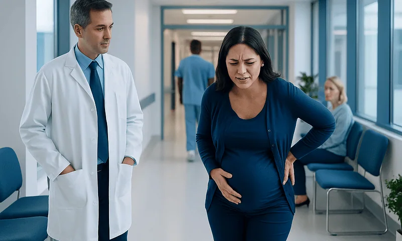Pregnant woman experiencing abdominal pain in hospital corridor with doctor nearby.
