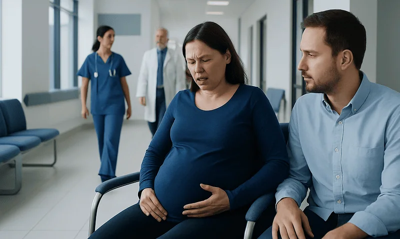 Pregnant woman experiencing labor pain in hospital corridor with medical staff nearby.