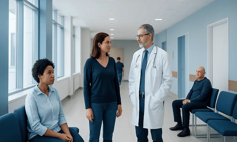 Doctor consulting with female patient in hospital corridor.