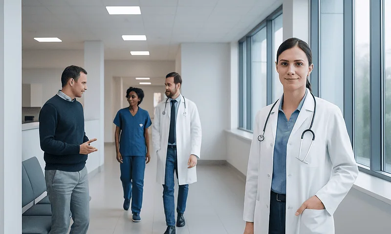 Medical professionals and a patient in a hospital corridor at Acibadem Hospitals Group.