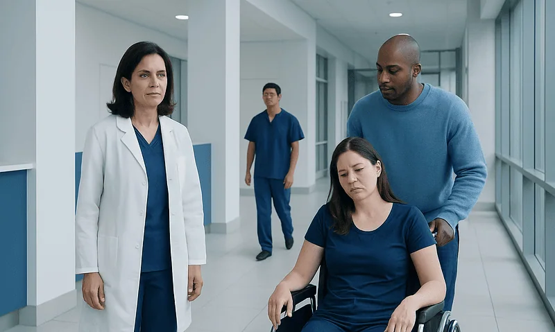 Medical team assisting a patient in a hospital corridor.