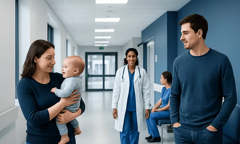 Happy mother with baby in hospital corridor with medical staff nearby.