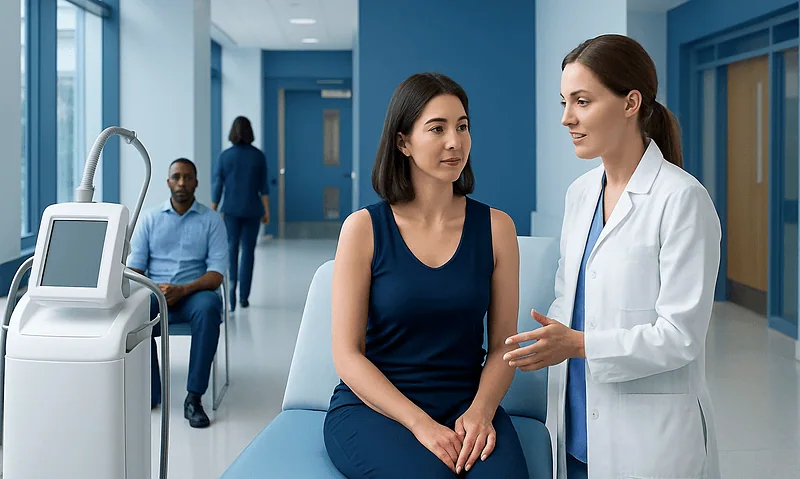 Medical consultation at Acibadem Hospital with doctor and patient discussing treatment.