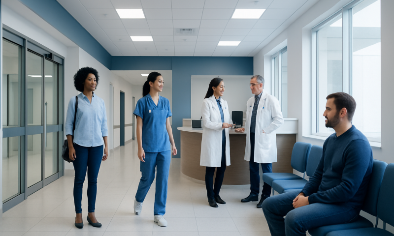 Medical team consulting in hospital corridor with patient.