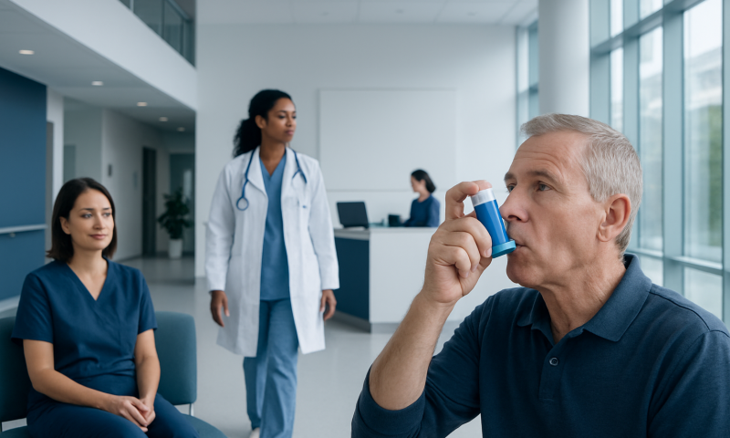 Senior man using inhaler in a medical clinic with healthcare professionals nearby.