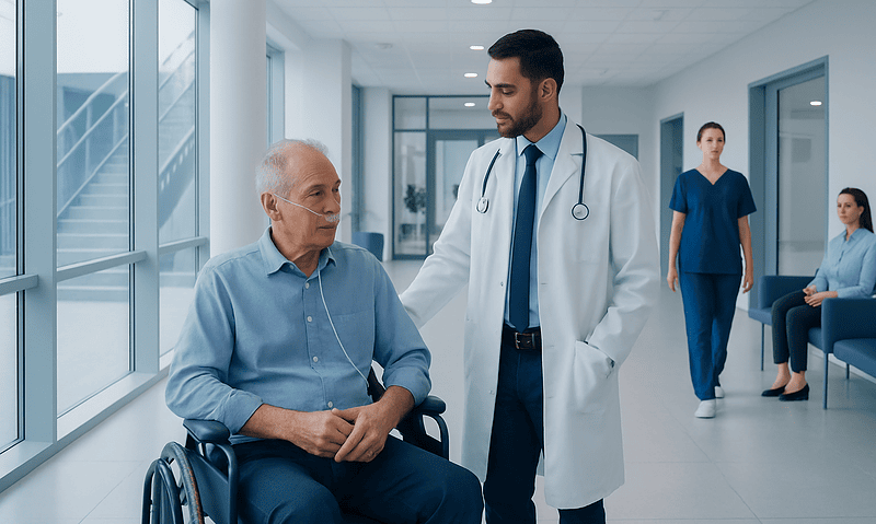 Doctor consulting with elderly patient in hospital corridor.