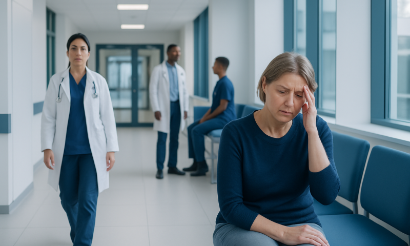 Patient experiencing headache in hospital corridor with medical staff nearby.