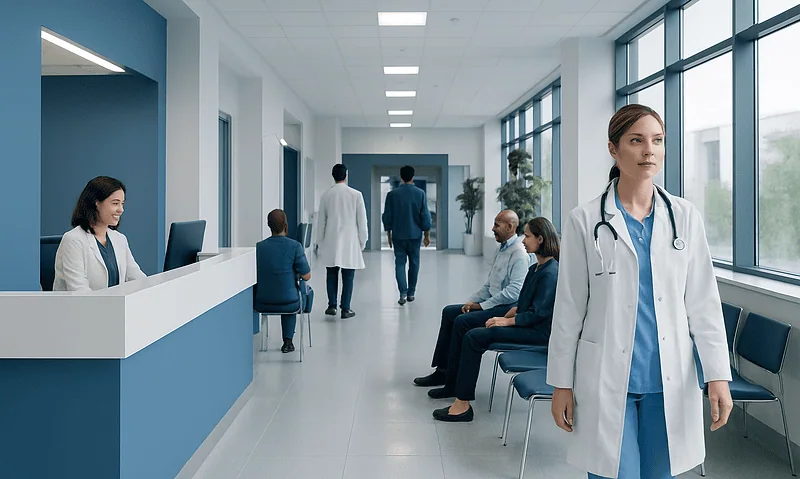 Modern hospital corridor with medical staff and patients.