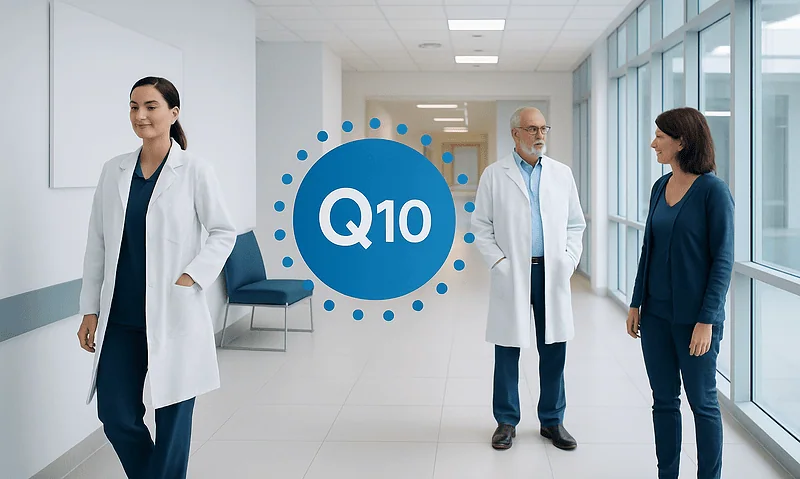 Medical professionals discussing Q10 supplement in hospital corridor.