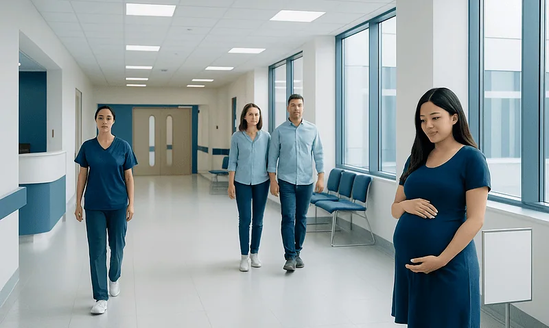 Pregnant woman in hospital corridor with medical staff and large windows.