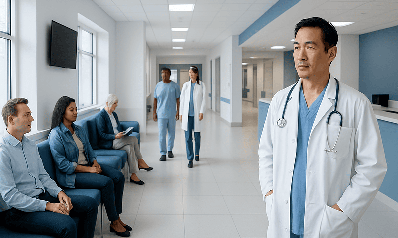 Doctor waiting in hospital corridor with patients and staff in background.