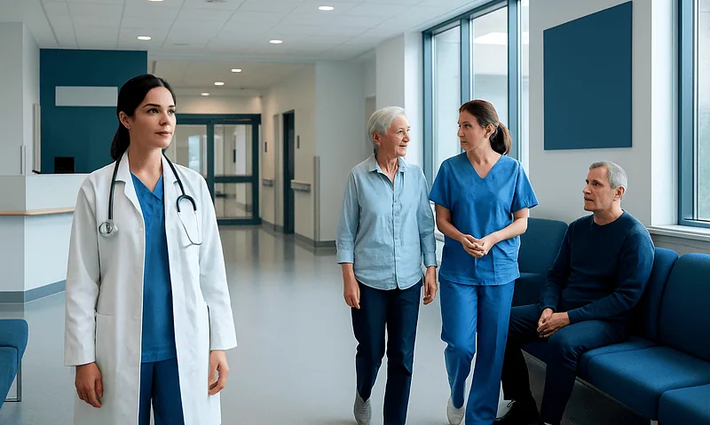 Healthcare professionals and patient in hospital corridor at Acibadem Hospitals Group.