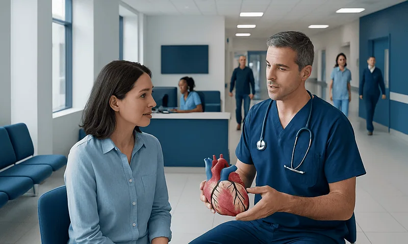 Doctor explaining heart anatomy to a patient in a hospital corridor.