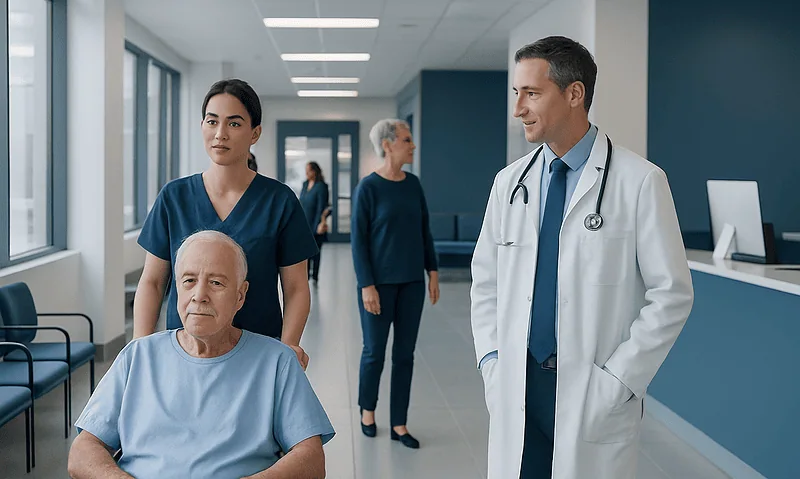 Hospital staff consulting with a patient in a modern medical facility.