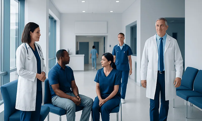 Medical team discussing patient care in hospital corridor.