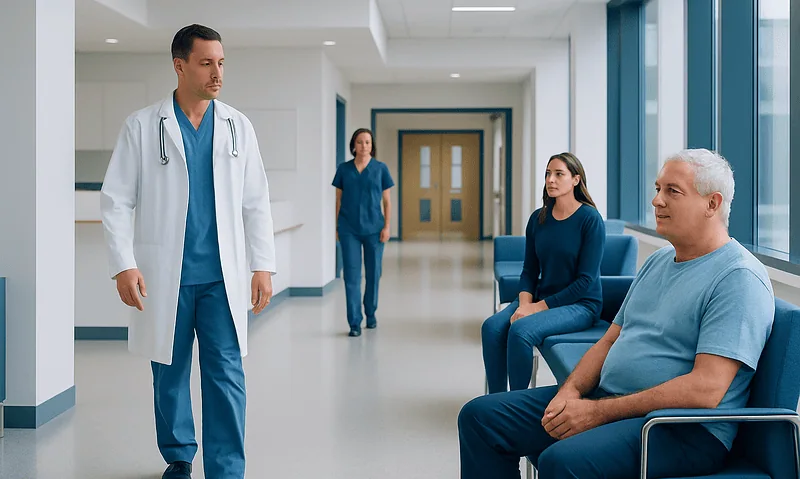 Cardiology consultation in hospital corridor with doctor and patients.
