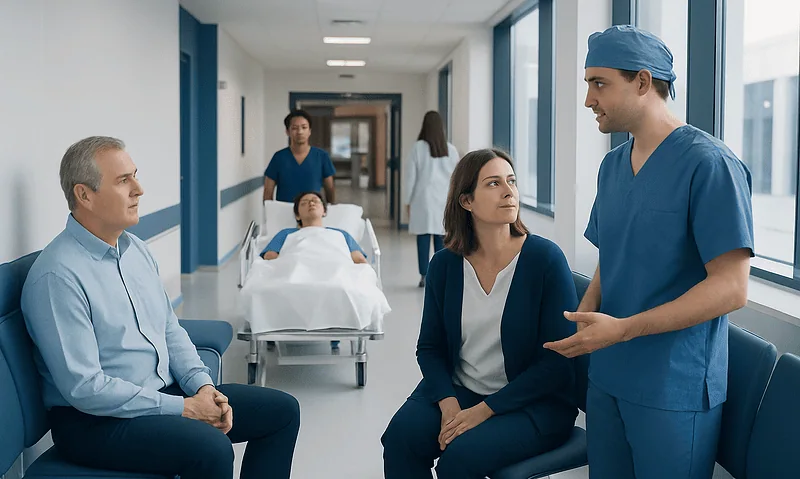 Medical team discussing patient care in hospital corridor.