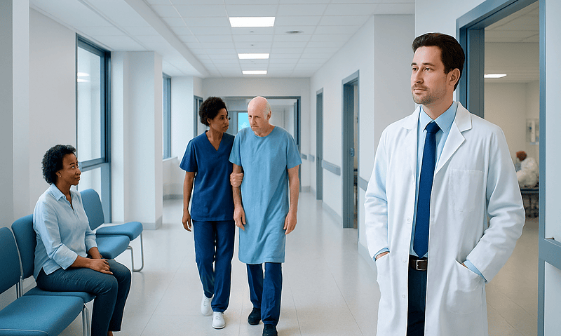 Medical team discussing patient care in hospital corridor.