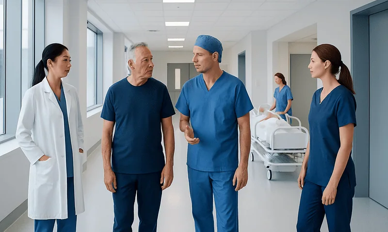 Medical team discussing patient care in hospital corridor.