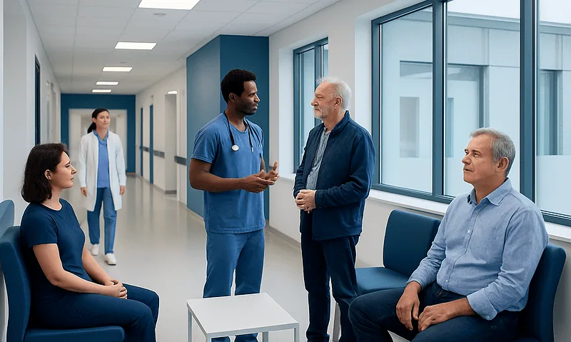 Medical team consulting patient in hospital corridor for heart surgery.