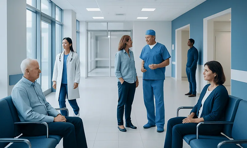 Medical team discussing patient care in hospital corridor.