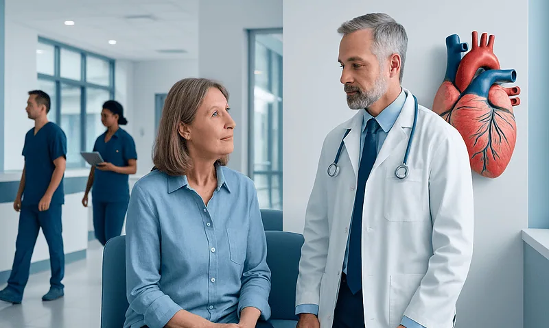 Doctor consulting with a female patient in a hospital corridor.