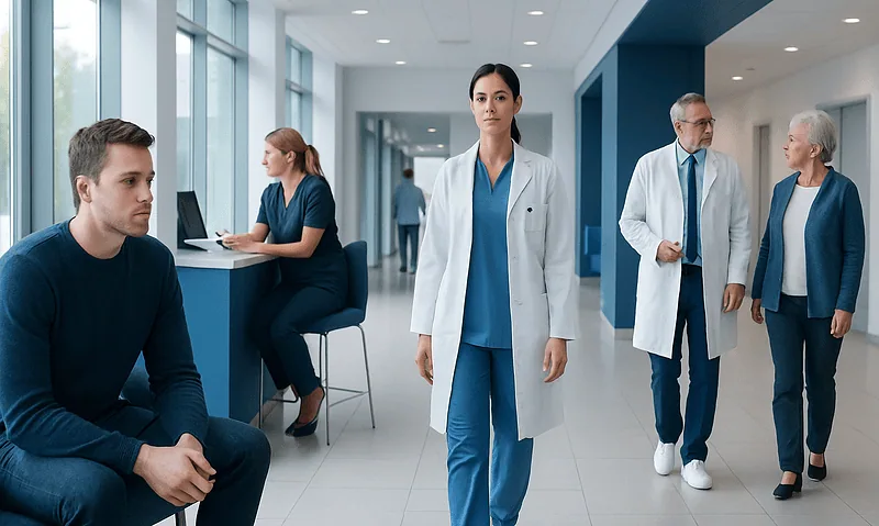Healthcare professionals and patients in a modern hospital corridor.