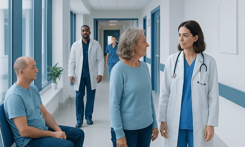 Corticosteroids — Explained by Medical Evidence, Not Myths 11 Medical team consulting with elderly patient in hospital corridor.