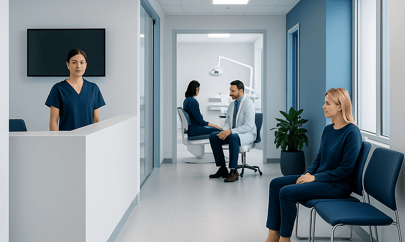 Patient waiting in a modern dental clinic with a dentist and nurse present.