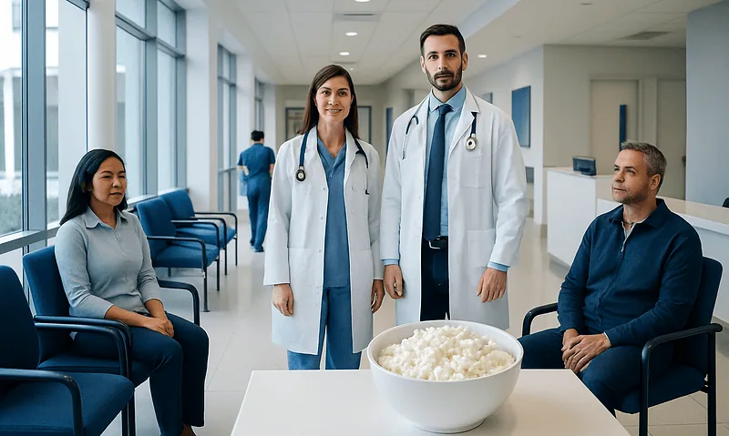 Doctors and patients in a hospital corridor with a bowl of cottage cheese on the table.