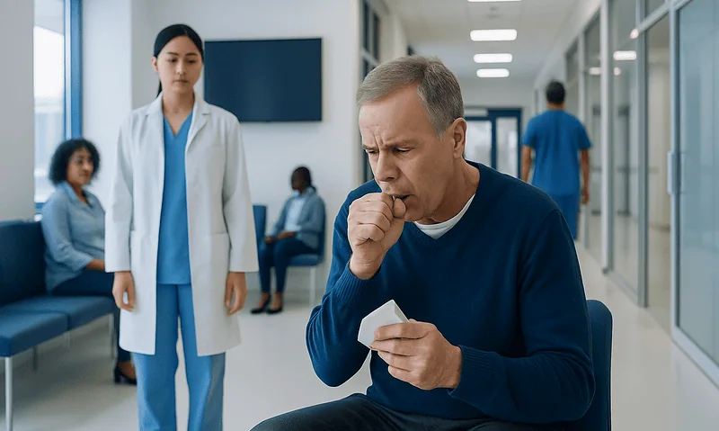 Man coughing up blood in hospital waiting area with medical staff nearby.