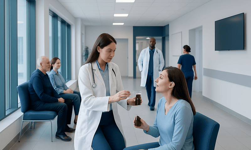 Doctor giving medication to patient in hospital corridor.