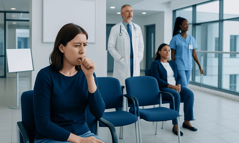 Patient coughing in hospital waiting area with medical staff nearby.