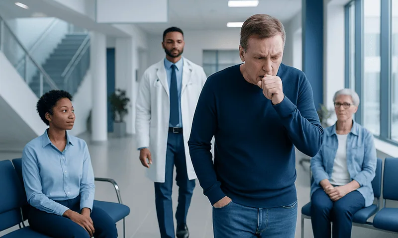 Man coughing in hospital waiting area with medical staff and patients nearby.