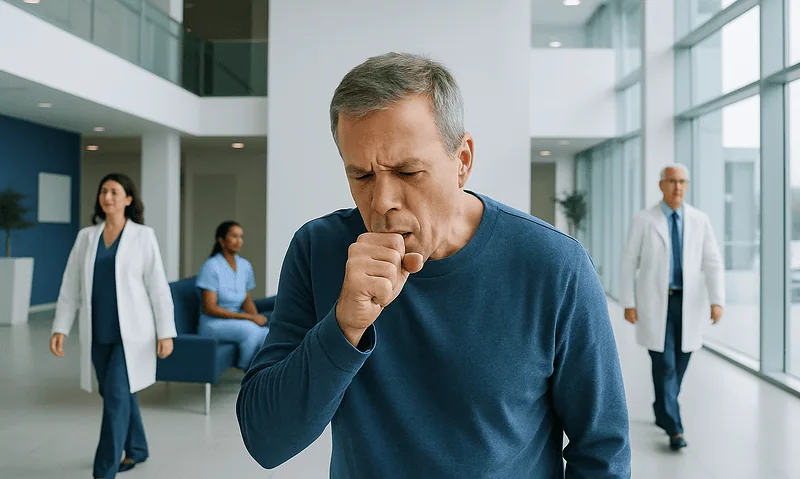 Man coughing in hospital corridor with medical staff in background.