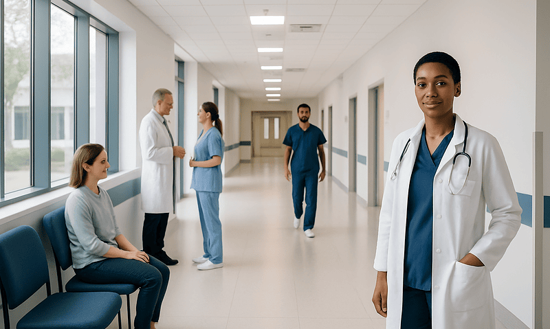 Healthcare professionals and patients in a hospital corridor at Acibadem Hospitals Group.