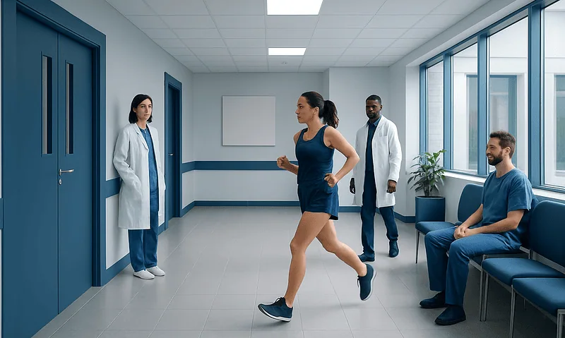 Patient running in hospital corridor at Acibadem Hospitals Group.