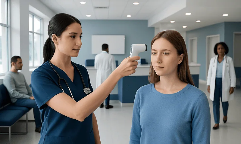 Nurse checks patient's temperature with a digital thermometer in hospital.