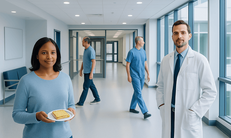 Healthcare professionals and patient in a modern hospital corridor.