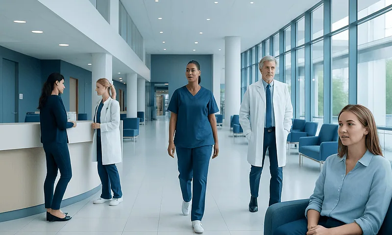Modern hospital lobby with healthcare professionals and patients.