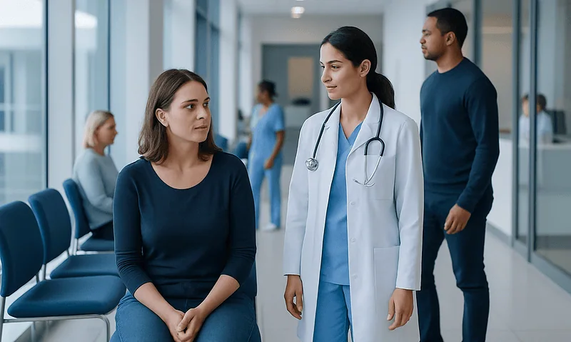 Doctor consulting a patient in a hospital corridor with other patients nearby.