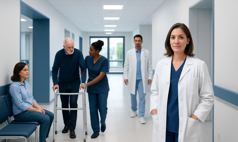 Healthcare professionals and patient in hospital corridor at Acibadem Hospitals Group.