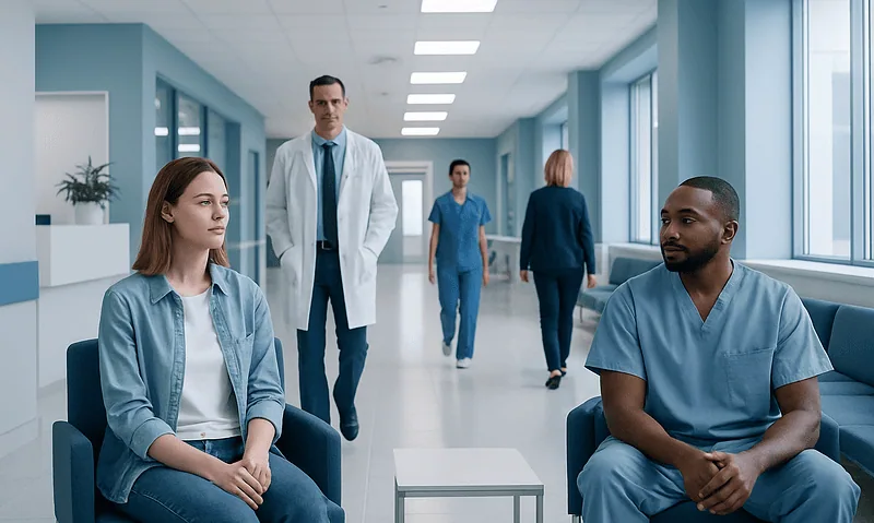 Hospital waiting area with patients and medical staff.