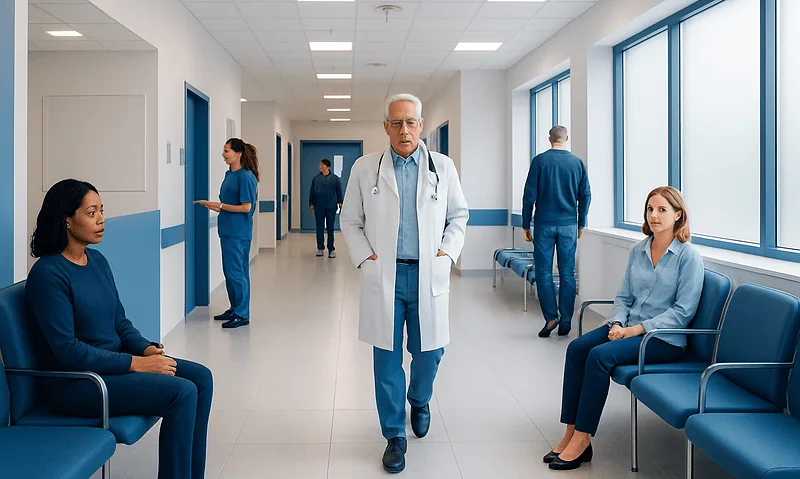 Medical professionals and patients in a hospital corridor with large windows.
