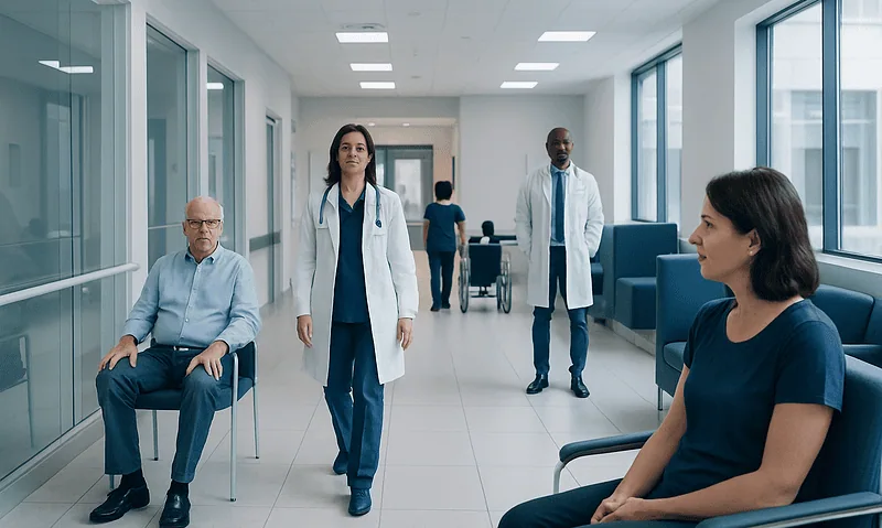 Patients waiting in a hospital corridor with medical staff present.