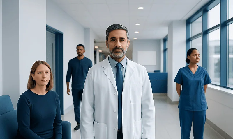 Medical team in hospital corridor with doctor and nurses.
